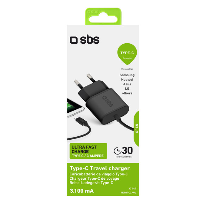 Podróżny adapter ładujący z USB-C, 1m, 3100mAh, Ultraszybkie ładowanie, Czarny, Black, SBS