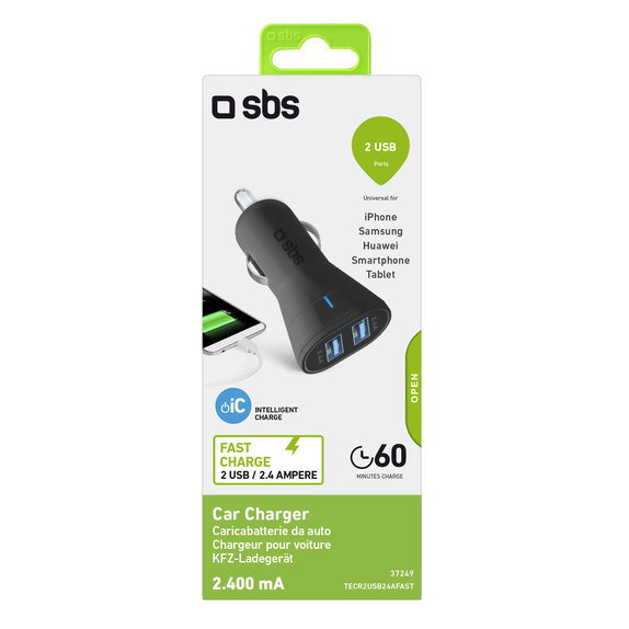 Ładowarka samochodowa 2x USB, 2.4A, Czarny, Black, SBS