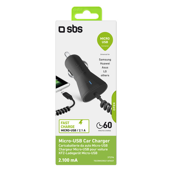 Ładowarka samochodowa Micro-USB, 2.1A, 12/24V, Szybkie ładowanie, Czarny, Black, SBS