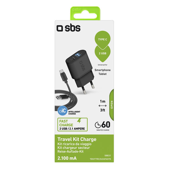 Ladowarka 10W 2x USB i Kabel USB / USB-C, Czarny, Black, SBS