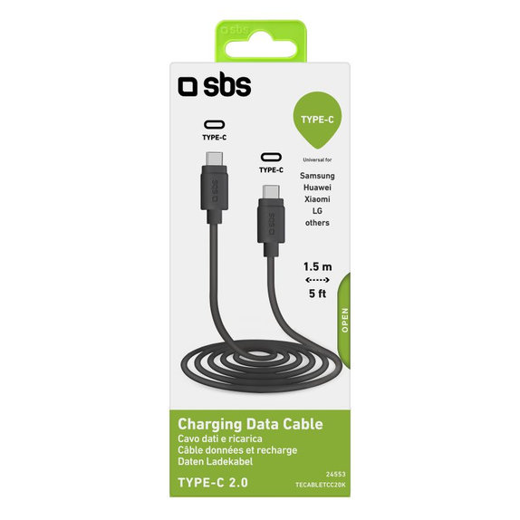 Kabel USB-C / USB-C (1.5m), czarny, black, SBS