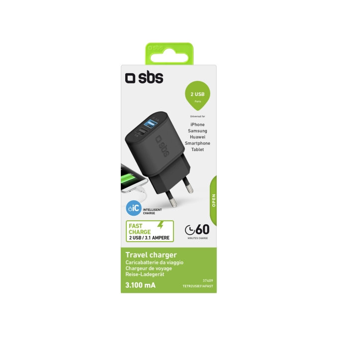Ladowarka 10W 2x USB, czarny, black, SBS