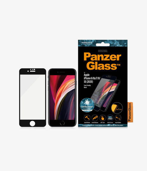 Szklo hartowane do iPhone 6, 6s, 7, 8, SE 2020, SE 2022, Case Friendly AB, Czarny, Black, PanzerGlass
