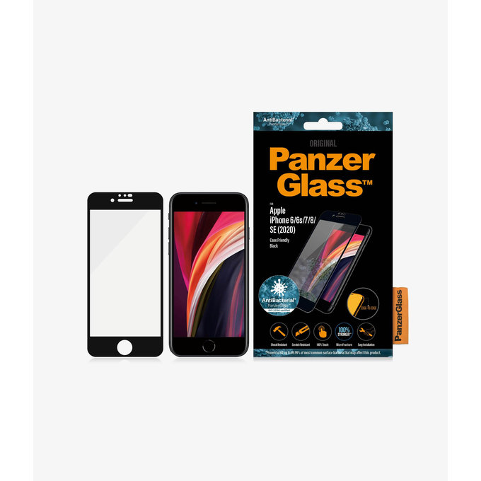 Szklo hartowane do iPhone 6, 6s, 7, 8, SE 2020, SE 2022, Case Friendly AB, Czarny, Black, PanzerGlass