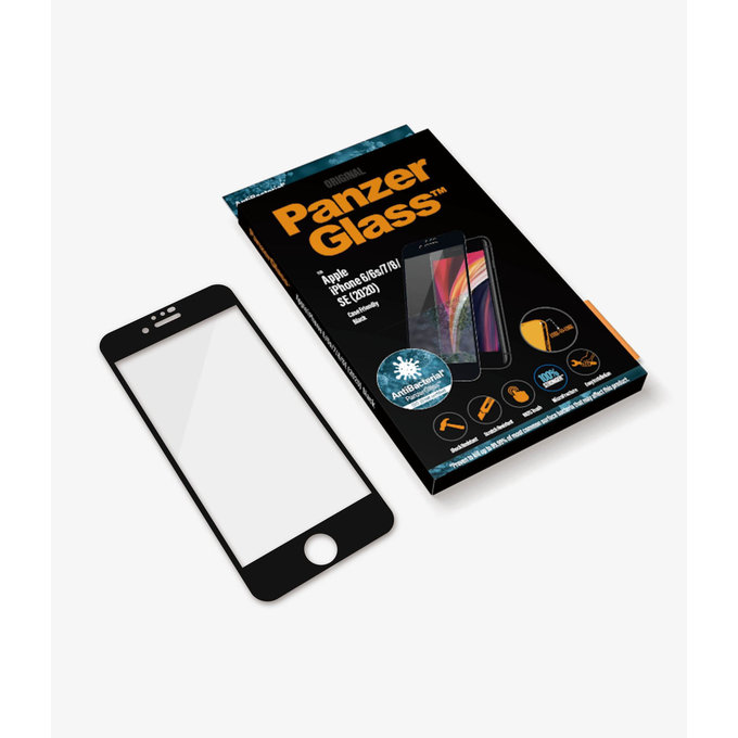 Szklo hartowane do iPhone 6, 6s, 7, 8, SE 2020, SE 2022, Case Friendly AB, Czarny, Black, PanzerGlass