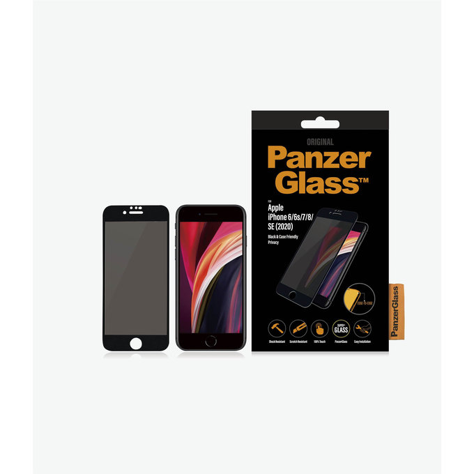 Szklo hartowane do iPhone 6, 6s, 7, 8, SE 2020, SE 2022, Privacy Case Friendly, Czarny, Black, PanzerGlass