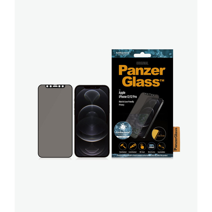Szklo hartowane do iPhone 12, 12 Pro, Privacy Case Friendly AB, Czarny, Black, PanzerGlass