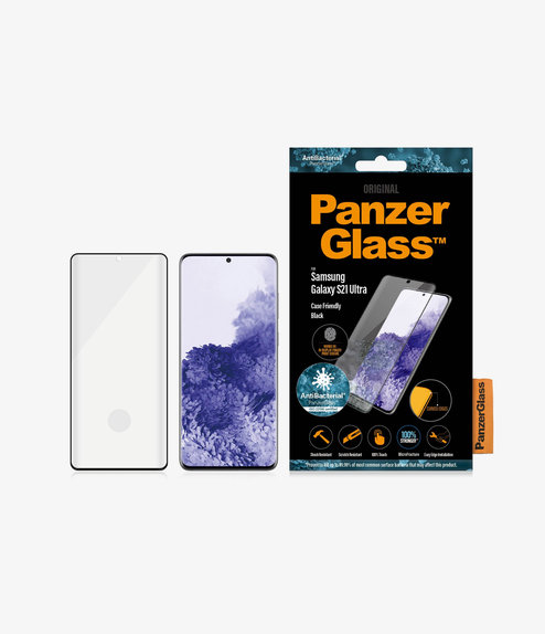 Szklo hartowane do Samsung S21 Ultra, Fingerprint komp., Case Friendly AB, Czarny, Black, PanzerGlass