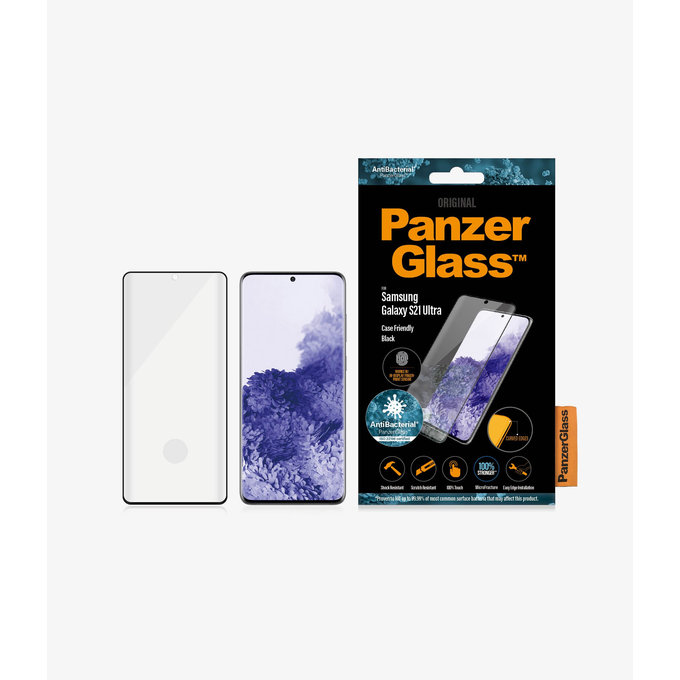 Szklo hartowane do Samsung S21 Ultra, Fingerprint komp., Case Friendly AB, Czarny, Black, PanzerGlass