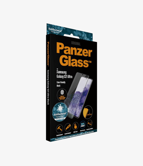 Szklo hartowane do Samsung S21 Ultra, Fingerprint komp., Case Friendly AB, Czarny, Black, PanzerGlass