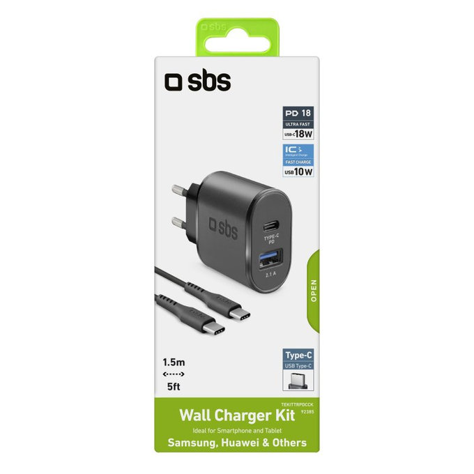 Ladowarka 18W USB, USB-C i Kabel USB-C / USB-C, Czarny, Black, SBS