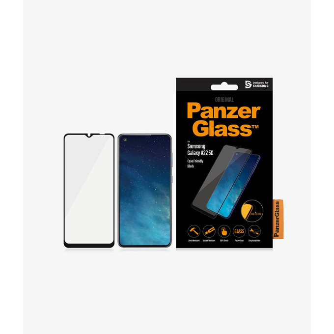 Szklo hartowane do Samsung A22 5G, Case Friendly, Czarny, Black, PanzerGlass