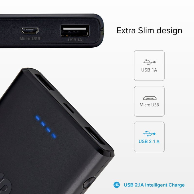 PowerBank 10 000 mAh, 2x USB, 2,1A, czarny, black, SBS