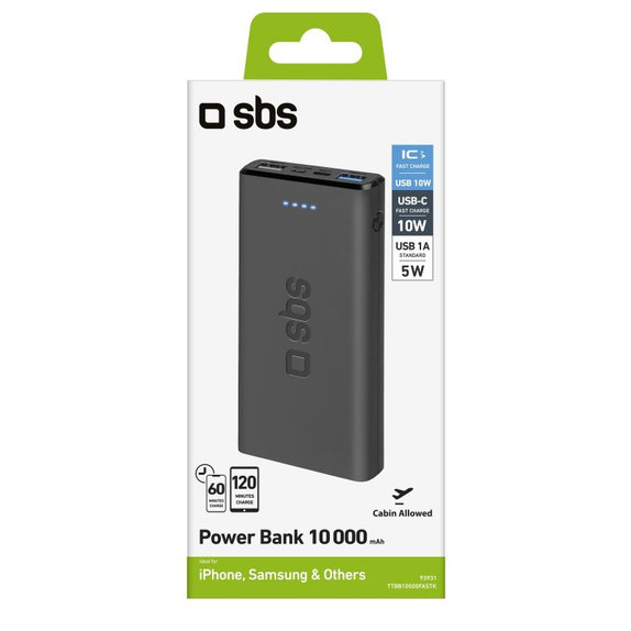PowerBank 10 000 mAh, 2x USB, 2,1A, czarny, black, SBS
