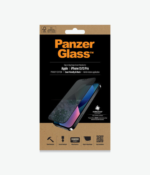 Szklo hartowane do iPhone 13, 13 Pro, 14, Case Friendly Privacy AB, Czarny, Black, PanzerGlass