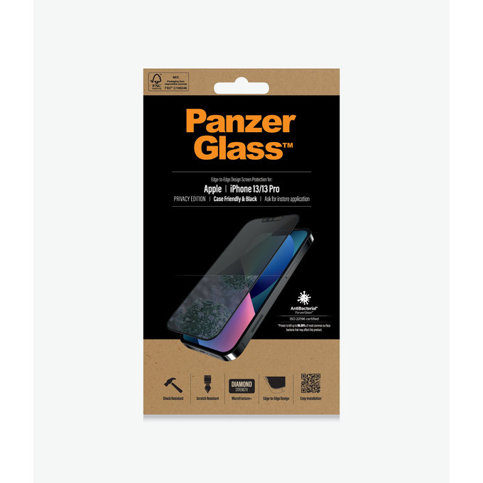 Szklo hartowane do iPhone 13, 13 Pro, 14, Case Friendly Privacy AB, Czarny, Black, PanzerGlass