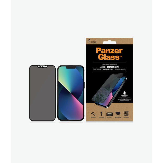 Szklo hartowane do iPhone 13, 13 Pro, 14, Case Friendly Privacy AB, Czarny, Black, PanzerGlass