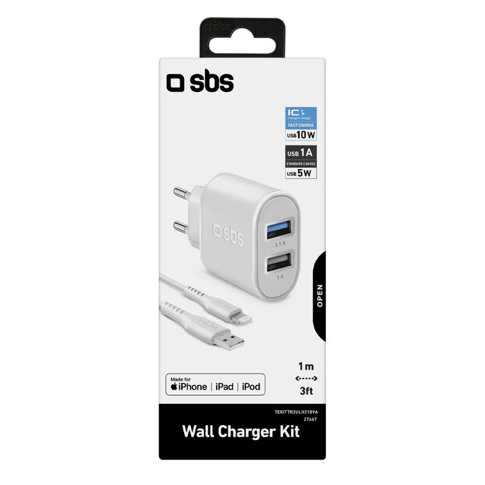 Ladowarka 10W 2x USB i Kabel USB / Lightning, Biały, White, SBS
