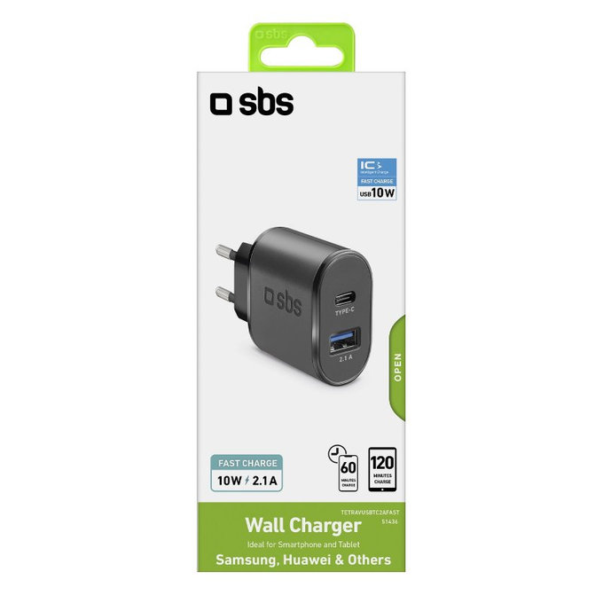Podróżny adapter ładujący USB-A i USB-C, Szybkie ładowanie z iC, 10W 2.1A, Czarny, Black, SBS