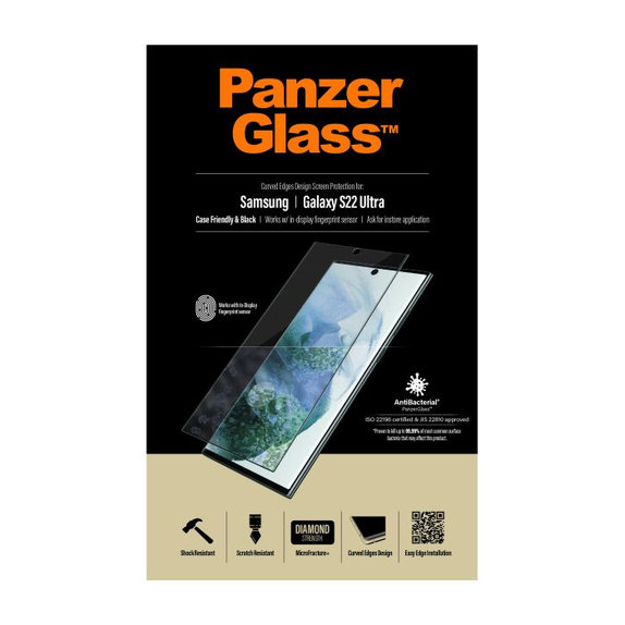 Szklo hartowane do Samsung S22 Ultra, Fingerprint komp., Czarny, Black, Case Friendly AB, PanzerGlass