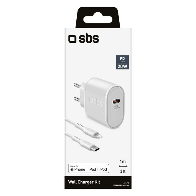 Podróżny adapter ładujący USB-C i kabel Lightning, PD 20W, 1m, Kompatybilny z iPhone, iPad i iPod, Biały, White, SBS