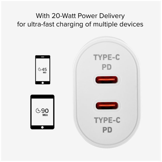 Ladowarka 20W 2x USB-C Power Delivery, Biały, White, SBS