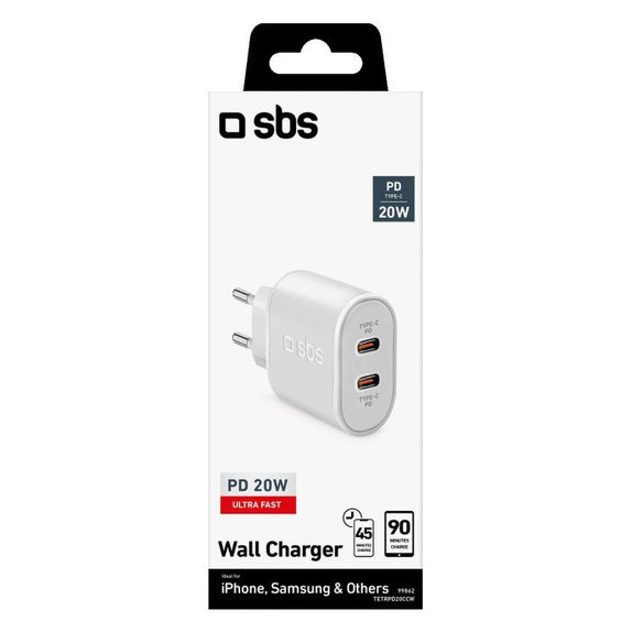 Ladowarka 20W 2x USB-C Power Delivery, Biały, White, SBS