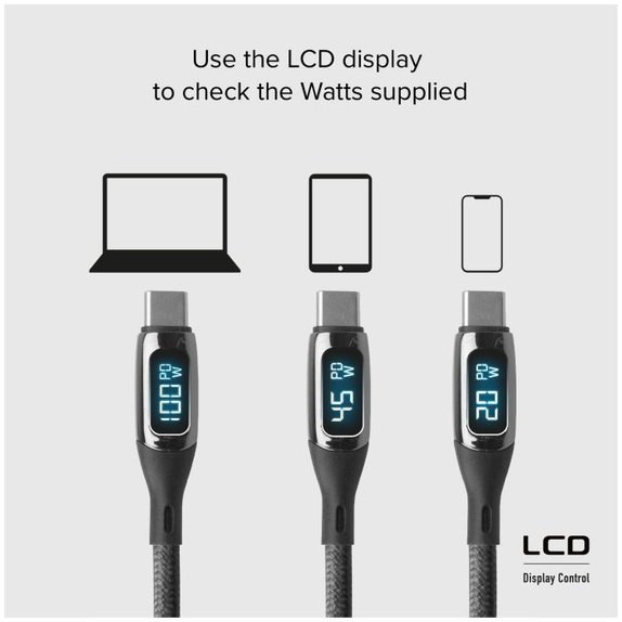 Kabel USB-C / USB-C z LCD, PowerDelivery 100W (1m), czarny, black, SBS