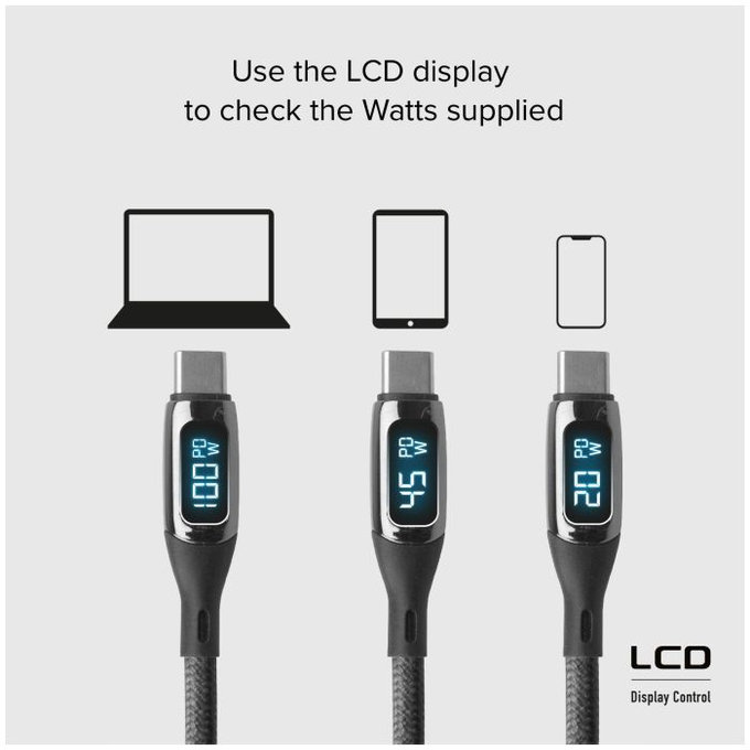 Kabel USB-C / USB-C z LCD, PowerDelivery 100W (1m), czarny, black, SBS