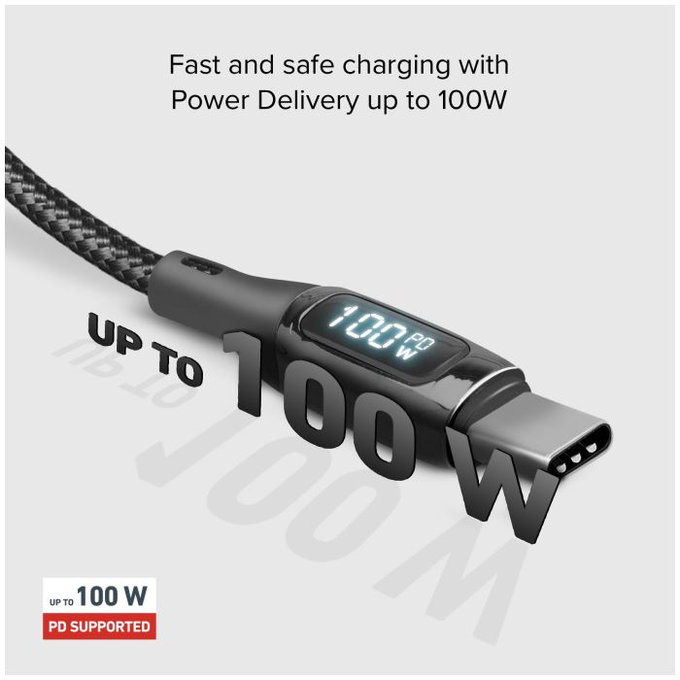 Kabel USB-C / USB-C z LCD, PowerDelivery 100W (1m), czarny, black, SBS