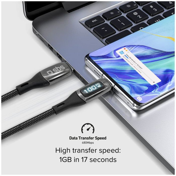 Kabel USB-C / USB-C z LCD, PowerDelivery 100W (1m), czarny, black, SBS