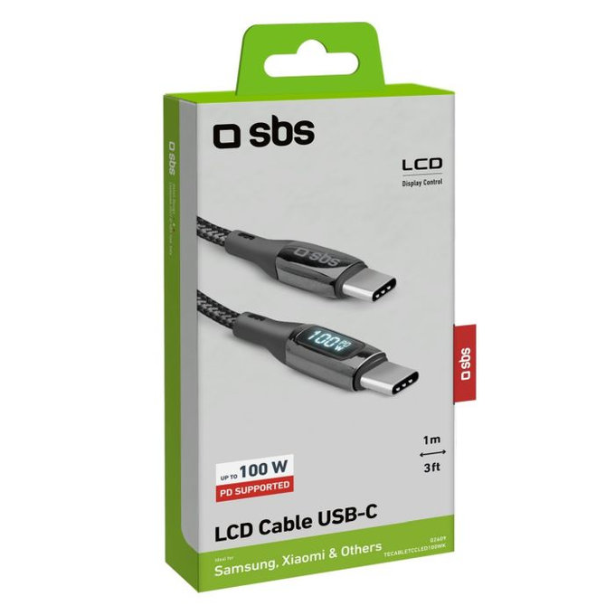 Kabel USB-C / USB-C z LCD, PowerDelivery 100W (1m), czarny, black, SBS