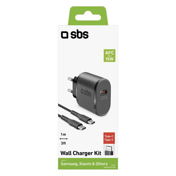 Podróżny zestaw adaptera ładującego USB-C, 15W AFC, Kabel USB-C do USB-C, 1m, SBS