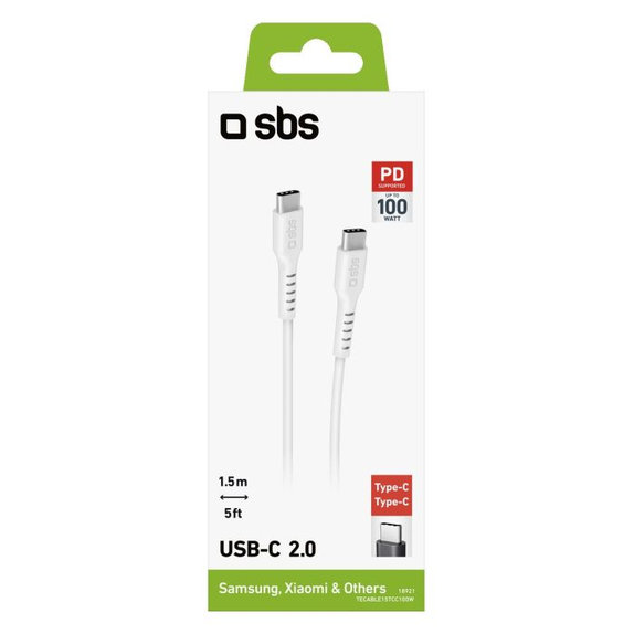 Kabel USB-C / USB-C z PowerDelivery 100W (1.5m), Biały, White, SBS