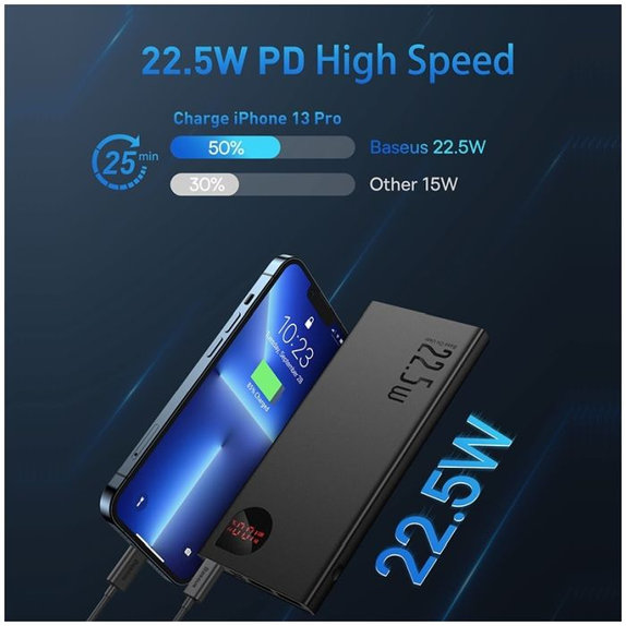 PowerBank 10 000 mAh, czarny, black, Baseus
