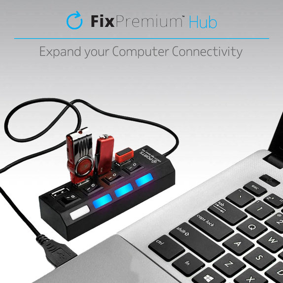 Hub USB z przelacznikiem zasilania dla 7 USB, czarny, black, FixPremium