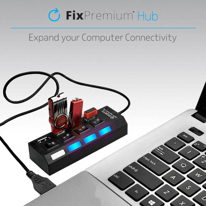 Hub USB z przelacznikiem zasilania dla 7 USB, czarny, black, FixPremium