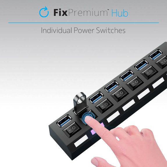 Hub USB z przelacznikiem zasilania dla 7 USB, czarny, black, FixPremium