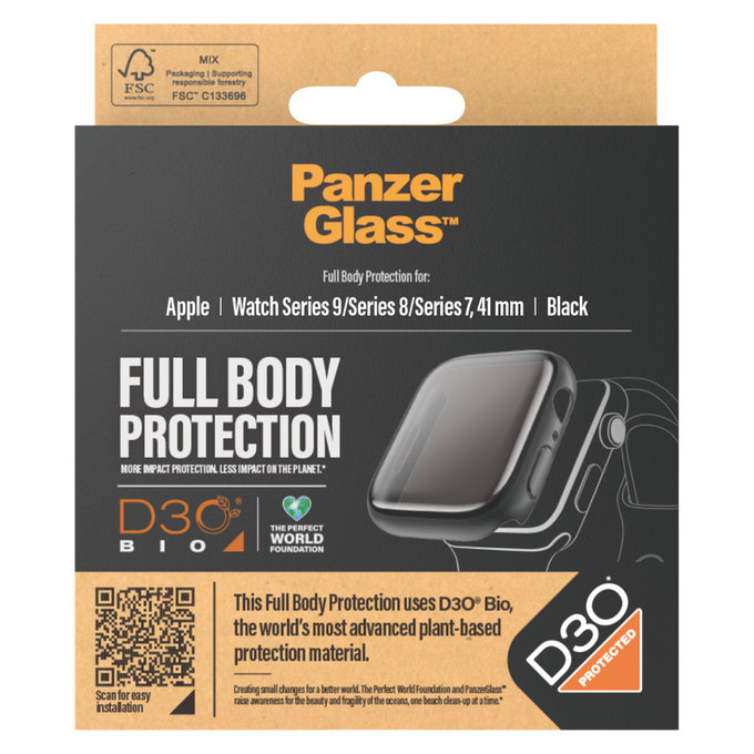 Szkło hartowane Full Body D3O do Apple Watch 9/8/7 41 mm, Czarne, PanzerGlass
