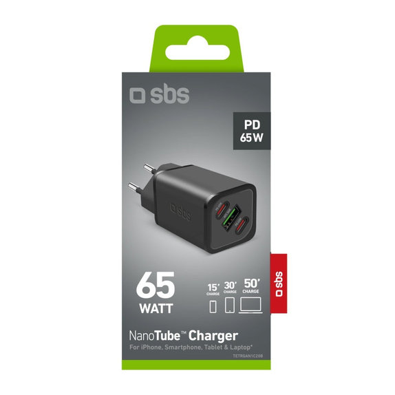 Adapter podróżny NanoTube 2x USB-C/USB-A, GaN, 65 W PD, czarny, SBS