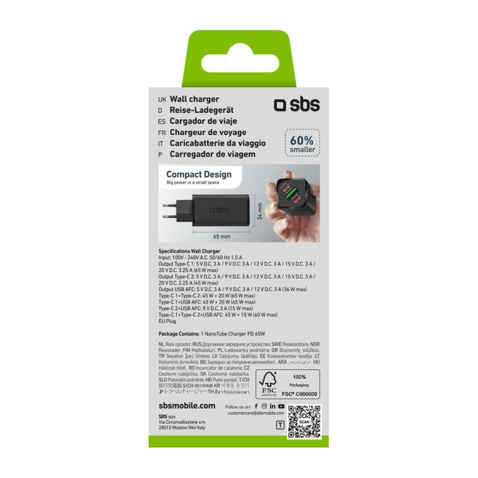 Adapter podróżny NanoTube 2x USB-C/USB-A, GaN, 65 W PD, czarny, SBS