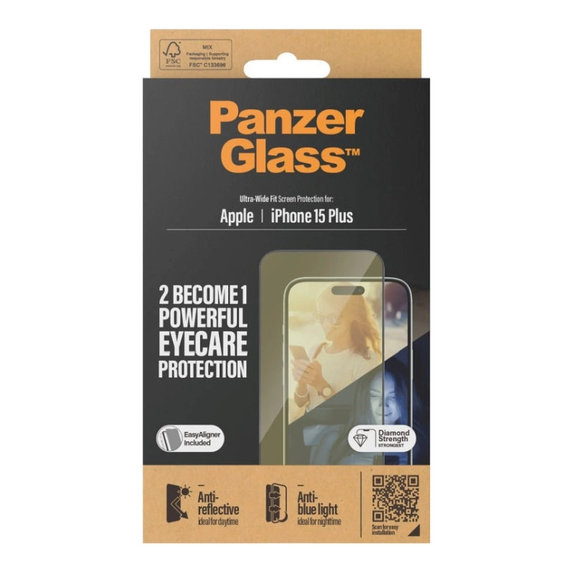 Szkło hartowane UWF Eyecare z aplikatorem do iPhone 15 Plus, Czarne, PanzerGlass