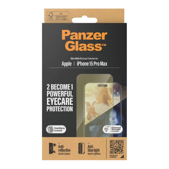 Szkło hartowane UWF Eyecare z aplikatorem do iPhone 15 Pro Max, Czarne, PanzerGlass