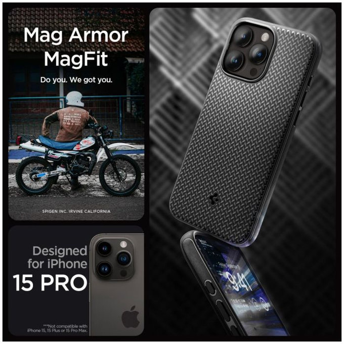 Etui z MagSafe do iPhone 15 Pro, Mag Armor, Matte Black, Spigen