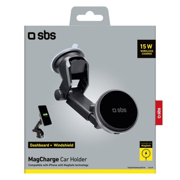 MagCharge magnetyczny uchwyt samochodowy z przyssawką, 15W, Czarny, Black, SBS