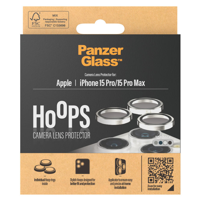 Osłona obiektywu aparatu Hoops do iPhone 15 Pro/15 Pro Max, White Metal, PanzerGlass