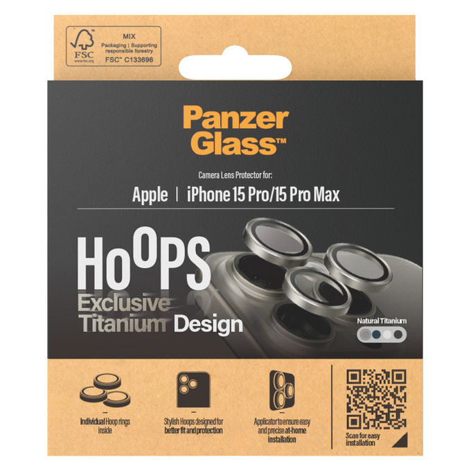 Osłona obiektywu aparatu Hoops do iPhone 15 Pro/15 Pro Max, Natural Titanium, PanzerGlass