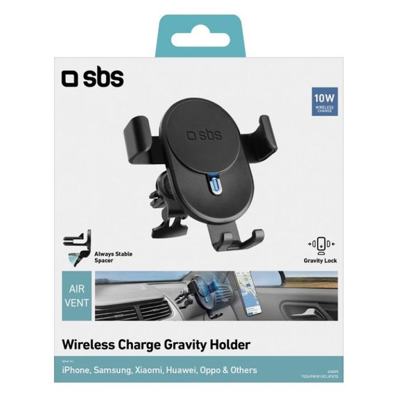 Uchwyt Samochodowy Grawitacyjny z ładowaniem bezprzewodowym, 10W, czarny, black, SBS