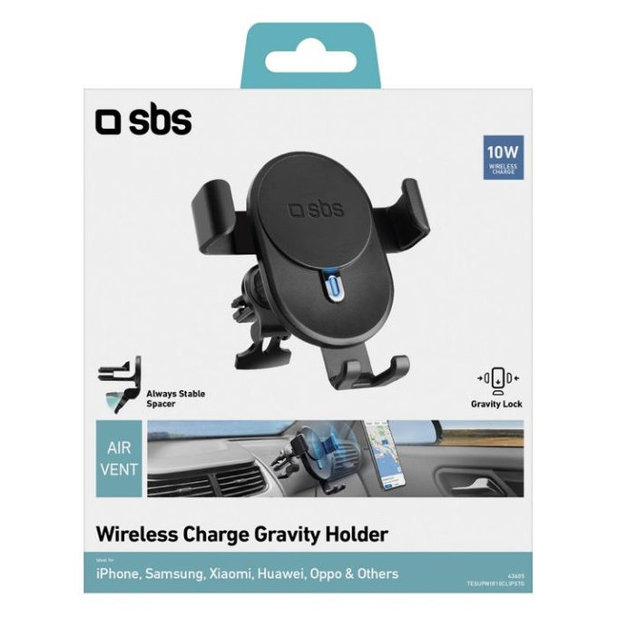 Uchwyt Samochodowy Grawitacyjny z ładowaniem bezprzewodowym, 10W, czarny, black, SBS