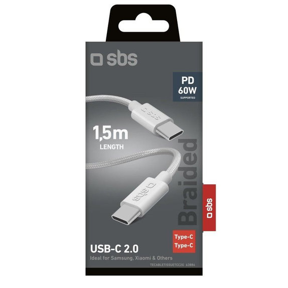 Pleciony kabel USB-C/USB-C, PD, 60W, 2m, Biały, White, SBS